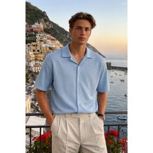 Damga Erkek Trend Polo Yaka Oversize Mavi Keten Gömlek