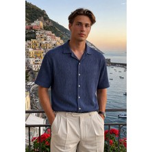 Damga Erkek Trend Polo Yaka Oversize Lacivert Keten Gömlek