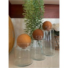 Feyza Design 3’lü Ahşap Top Cam Kavanoz Seti, Şekerlik, Çerezlik ve Baharatlık