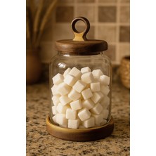 Feyza Design Şık Akasya Kapaklı Borosilikat Cam Kavanoz 1100 Ml, Standlı ve Tutma Kulplu