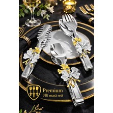 3,lü Set Kelebek Fiyonklu Gümüş Renk Maşa Servis Sunum Takımı/paslanmaz Çelik [pasta,salata,makarna]