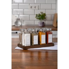 Feyza Design 8'li Ahşap Standlı Cam Baharatlık Seti Gümüş Kapaklı Beyaz Etiketli