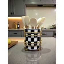 Feyza Design Şık Siyah Damalı Seramik ve Metal Kaşıklık, Modern Mutfak Aksesuarı