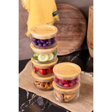 Feyza Design Şık 6'lı Bambu Kapaklı Cam Kahvaltılık Seti, 300ML, Vakumlu