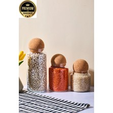 Feyza Design 3'lü Cam Kavanoz ve Baharatlık Seti, Sughero Top Mantar Kapaklı