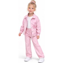 Rapapa Kız Çocuk Gabardin 3 Parça Pembe Ceketli Takım – Nakış Detaylı Ceket, Basic Body ve Pantolon Set 9920