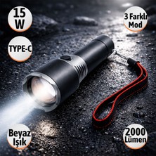 Badem10 Şarjlı Metal El Feneri 15 W USB Type-C Güçlü Işık Uzun Menzil Güçlü Aydınlatma Kamp Ev Oto Kullanım