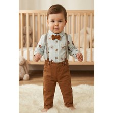 CATTAC Erkek Bebek "Baby Boy" Desenli Gömlek ve Kahverengi Askılı Pantolon 4'lü Takım (6-24 Ay)
