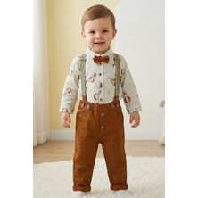 CATTAC Erkek Bebek ve Çocuk Panda ve Balon Desenli Tarçın Rengi Papyonlu ve Askılı 4'lü Takım (6-24 Ay)