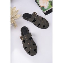 Sy Leather Faye Model Hakiki Deri Çakma Trop Detaylı Tokalı Kadın Terlik