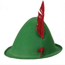 Yeşil Renk Kırmızı Tüylü Peter Pan Şapkası Robin Hood Şapkası 24X23 cm