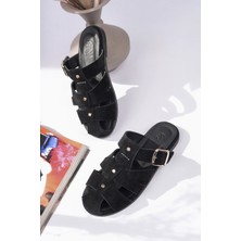 Sy Leather Faye Model Hakiki Deri Çakma Trop Detaylı Tokalı Kadın Terlik