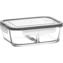 Feyza Design Büyük Boy Cam Bölmeli Saklama Kabı, Dikdörtgen, Gri, 1100 Ml, Kilitli Kapak