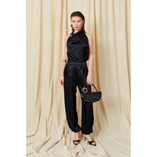 Tena Kadın Siyah 9087 Yaka Bağlamalı Gold Tokalı Şalvar Pantolonlu Saten Takım