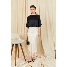 Tena Kadın Ekru 238 Etek Ucu Dantelli Saten Uzun Etek