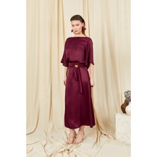 Tena Kadın Mürdüm 9090 Kısa Kollu Düşük Kollu Eteği Gold Tokalı Saten Takım