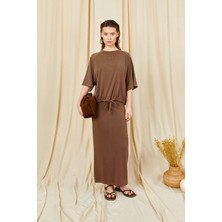 Tena Kadın Kahve 164 Reglan Kollu Etek Ucu Bağlama Bluzlu Etekli Modal Takım