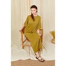 Tena Kadın Yağ Yeşili 164 Reglan Kollu Etek Ucu Bağlama Bluzlu Etekli Modal Takım