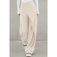 İpek Atlas Kadın Düğme Kapama Asimetrik Tasarımlı Palazzo Pantolon