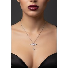 Nkie Jewels Gümüş Renk Pembe Taş Kanat Anahtar Model Sf Zincir Çelik Kolye -  3815