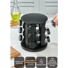 Feyza Design 360 Dönen Paslanmaz Baharat Seti, 12'li Siyah Standlı Camlar