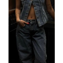 Madame Melek Kadın Yüksek Bel Baggy Bol Paça Kargo Cep Detaylı Jean Pantolon