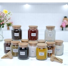Feyza Design 12'li Ahşap Bambu Vakum Kapaklı Cam Baharat Seti, Etiket ve Kaşık Hediyeli