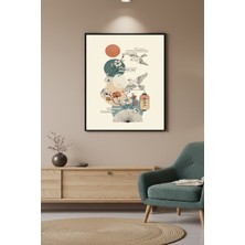 Safir Design Japon Tarzı Turna Kuşu ve Bahar Dalları Çerçeveli Tablo Geleneksel Modern Sanat Tablosu