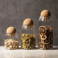 Feyza Design 3'lü Top Mantar Kapaklı Çizgili Cam Kavanoz ve Baharatlık Seti