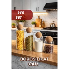Feyza Design 4’lü Ahşap Kapaklı Borosilikat Cam Kavanoz Seti, Şekerlik ve Baharatlık