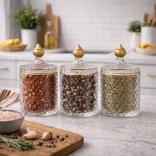 Feyza Design 3’lü Gold Detaylı Kapaklı Cam Baharatlık, Şekerlik, Mumluk ve Çerezlik Seti