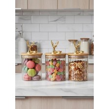 Feyza Design 3'lü Borosilikat Cam Kavanoz Seti, Bambu Kapaklı, Gold Geyik Figürlü 500 ml