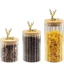 Feyza Design Şık Çizgili 3'lü Borosilikat Cam Geyik Figürlü Kavanoz Seti