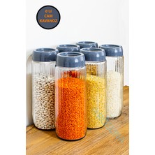 Feyza Design Mega Boy Çizgili Cam Kavanoz Seti 1500 ml Antrasit Kapaklı Baharatlık 6'lı