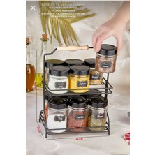 Feyza Design 12'li Metal Standlı Çok Amaçlı Cam Baharat Seti, Ahşap Kulplu