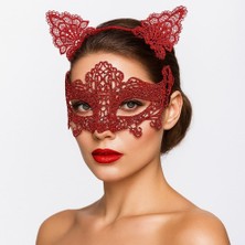 Ett Romantik Kırmızı Dantel Maske Seti - Kedi Kulaklı Taç ve Maske 3 No