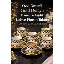 Ogeda Home Balsa Porselen Gold Ayaklı Renkli Tombul Dama Desenli 6’lı Türk Kahve Fincan Takımı