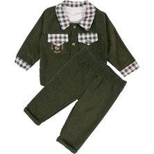 by BebekOdam Erkek Bebek Ekru Yeşil Ekose Desenli Şönil Ceketli 3'lü Takım - 1016543