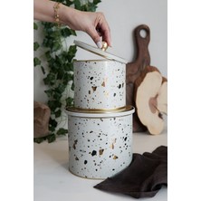 Feyza Design Şık Terrazzo Desenli Metal Saklama Kabı Seti, 2’li, 1,7 ve 3,5 Lt