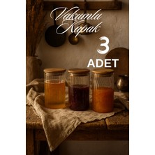 Feyza Design 3’lü Çizgili Cam Baharatlık Seti, Bambu Vakum Kapaklı, Hava Geçirmez, 1095 ml