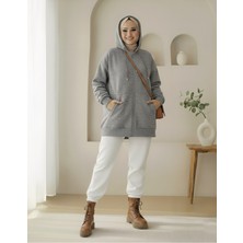 Modamorfo Kapşonlu Cepli Fermuarlı Şardonlu Sweat -Gri