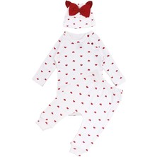 by BebekOdam Kız Bebek Ekru Kırmızı Kalp Desenli Fiyonklu Bereli Zıbın Takım - 1016517