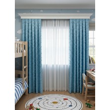 Brillant Mavi Renk Çocuk Odası Ponponlu Pufy Fon Perde 1/3 Sık Pile