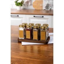 Feyza Design Şık Ahşap Standlı Gold Kapaklı Cam Baharatlık Seti 8'li, Etiketli, Modern Tasarım