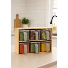 Feyza Design Bambu Standlı 6'lı Baharatlık Seti Kaşıklı Kapaklı Sağlıklı ve Şık Dekorasyon