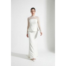 Lafaba Kadın Beyaz Dantel Detay Uzun Balık Abiye Elbise