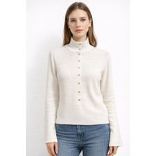 CGA Kadın Triko Beyaz Kazak Iki Yakalı Gold Çıtçıt Detaylı Triko Kazak