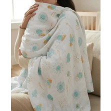 Caline Baby %100 Pamuk Premium & Hafif Müslin Bezi Örtüsü I 120x120 cm I Yeşil I Güneş Desenli &  4 Adet Ağız Mendili 27x27cm