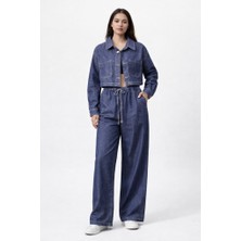 CGA Kadın Alt Üst Takım Jean Alt Üst Takım Çift Cepli Kuşaklı Bol Kesim Jean Ceket Pantolon Takım