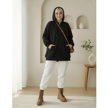 Modamorfo Kapşonlu Cepli Fermuarlı Şardonlu Sweat-Siyah